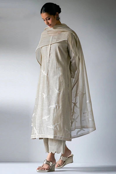 Fog Beige Woven Kurta Suit Set